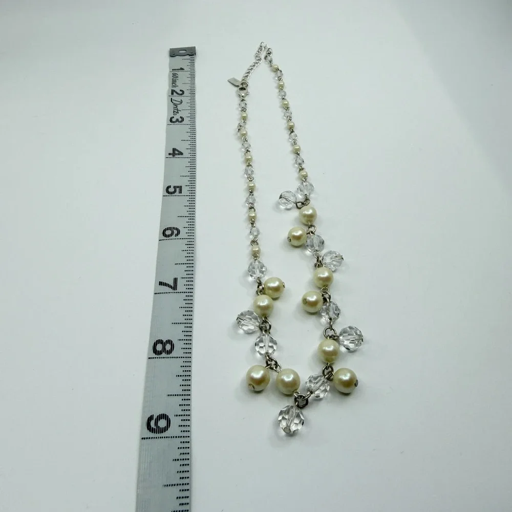 Elegant Faux Pearl & Clear Crystal Bead Statement Necklace Cottagecore Romantic